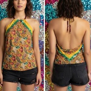 Froxx Vintage Silk Paisley Beaded Halter Top